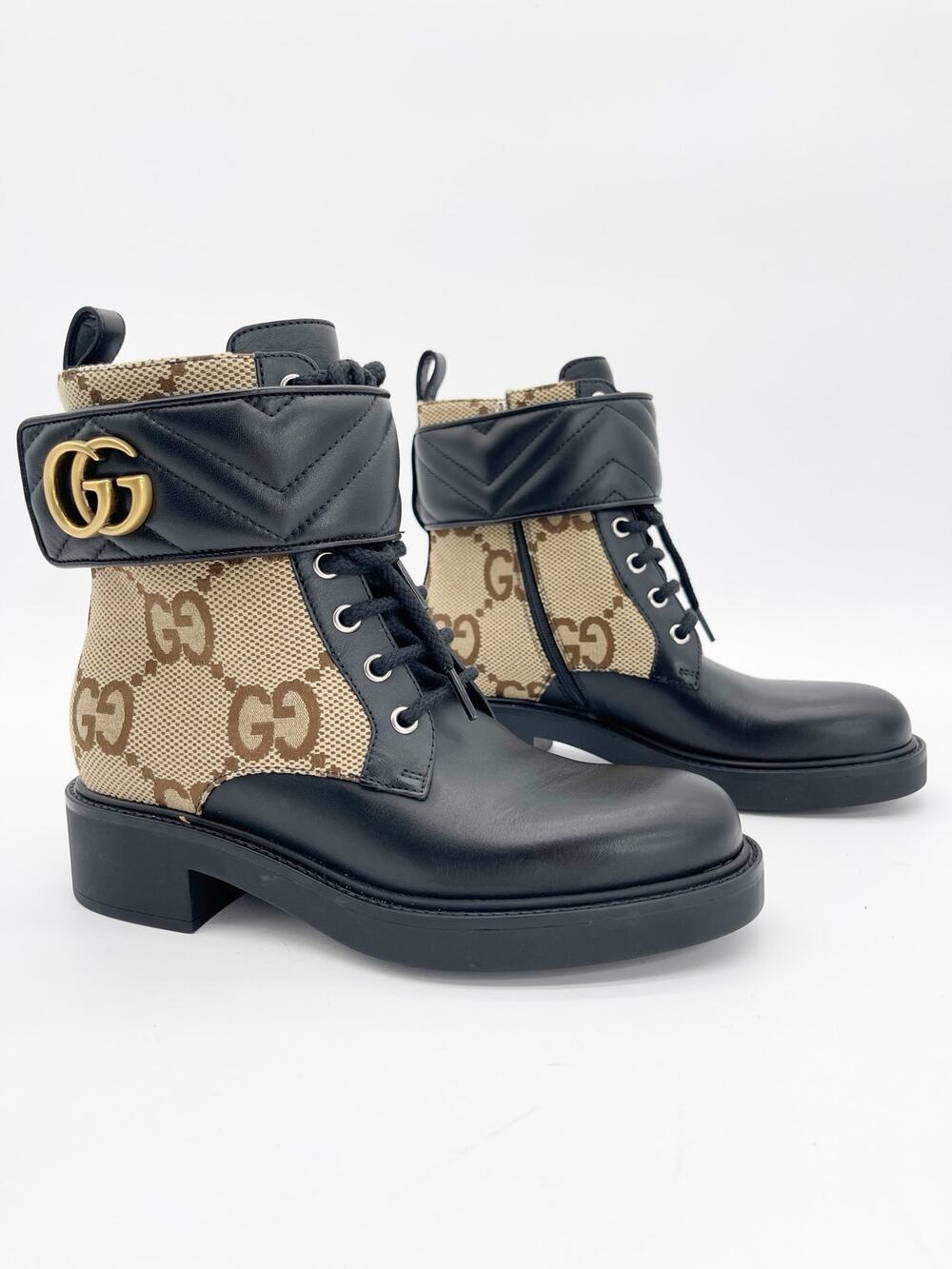 Gucci Flores Black Camel GG Canvas Leather Matelasse Double G Ankle Boots EU 36